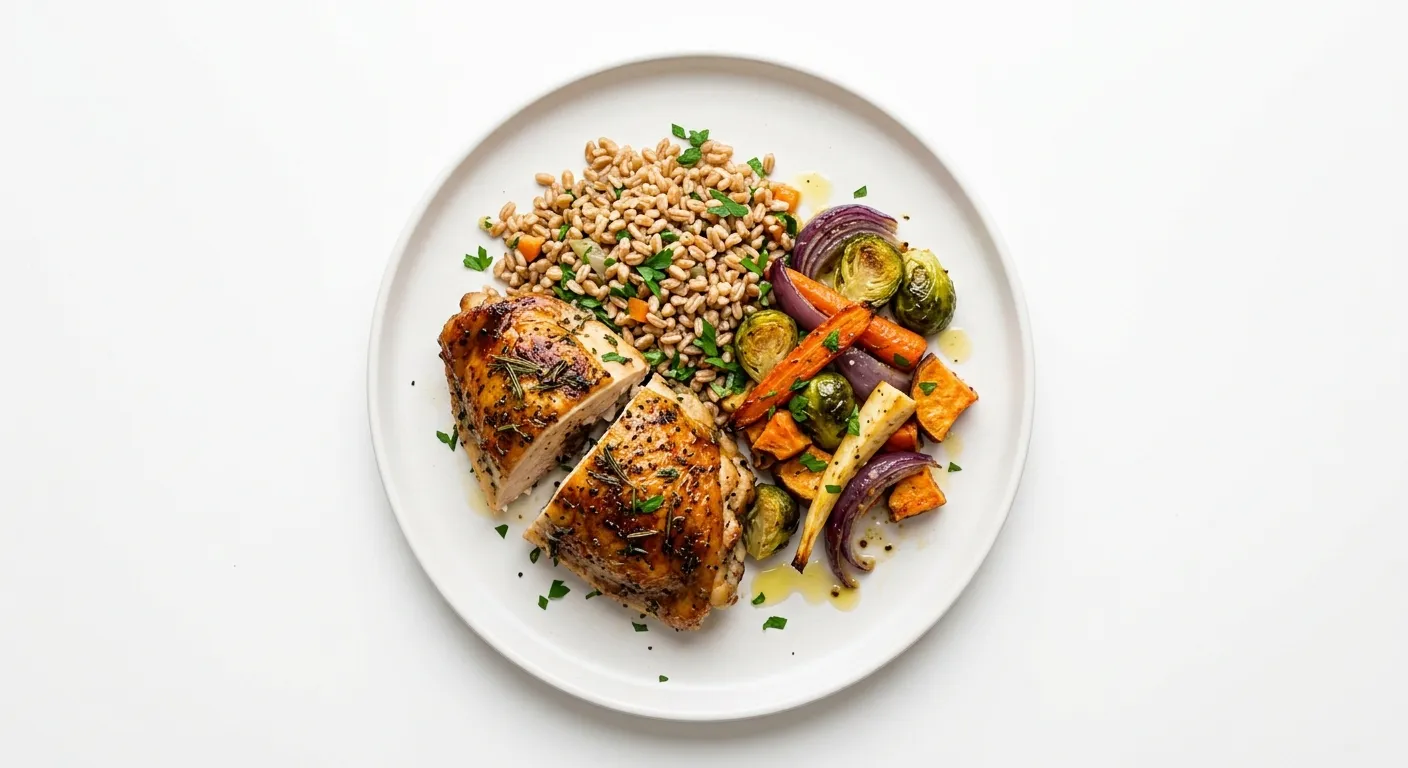 Roasted Chicken with Autumn Vegetables and Farro