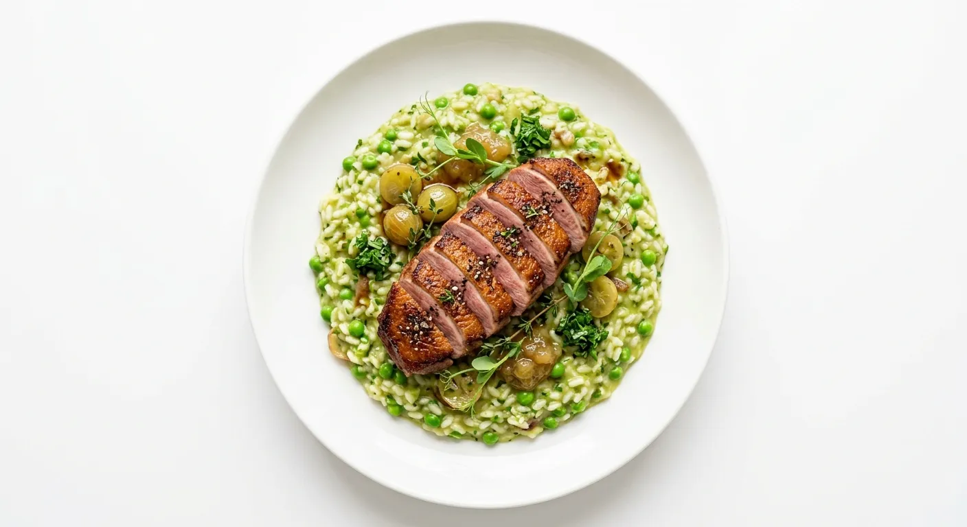 Roasted Duck with Gooseberry and Pea Risotto