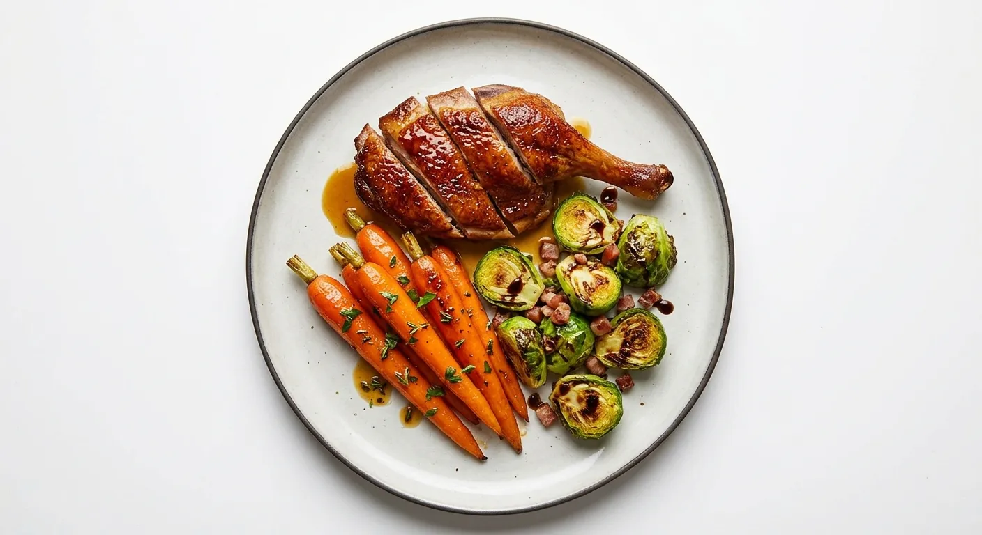 Roasted Duck with Honey-Glazed Carrots and Brussels Sprouts