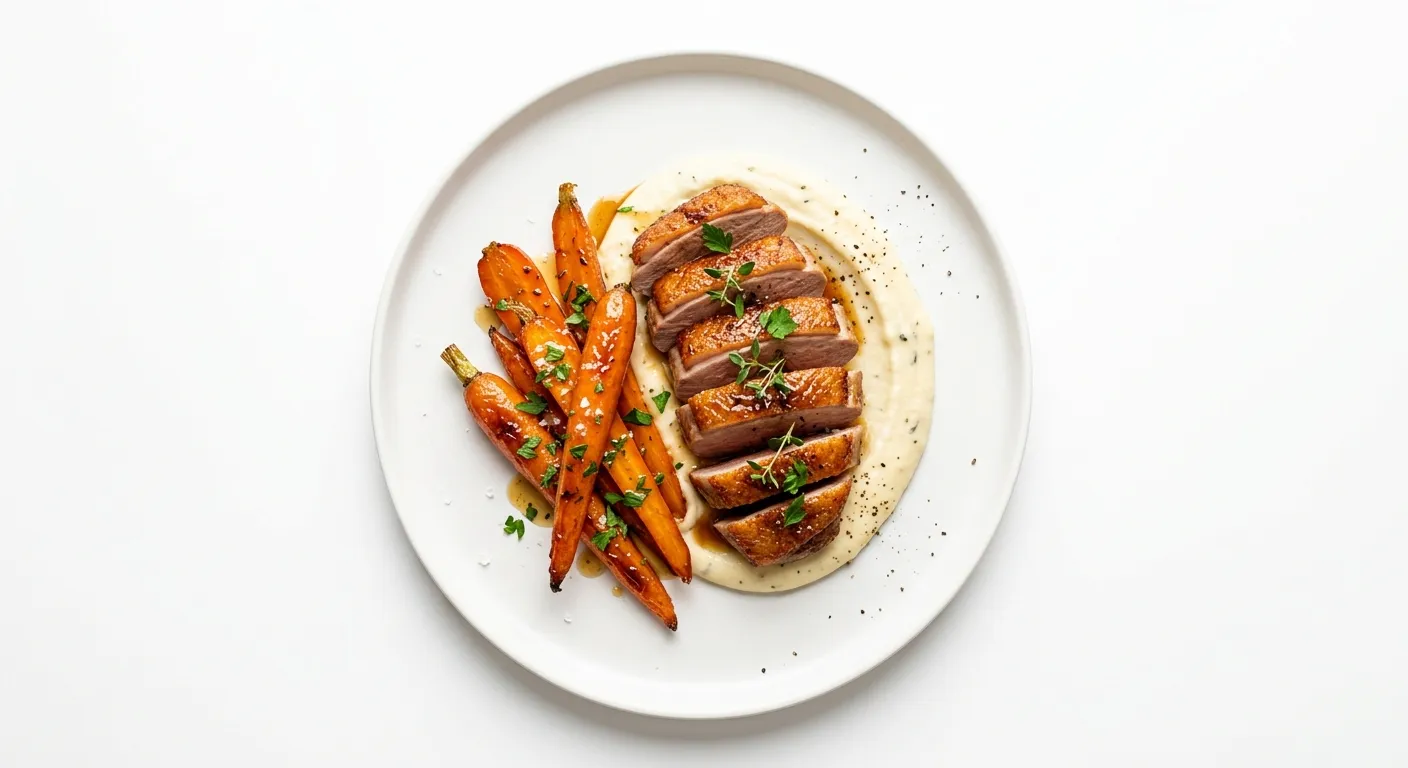 Roasted Duck with Honey-Glazed Carrots and Parsnip Puree