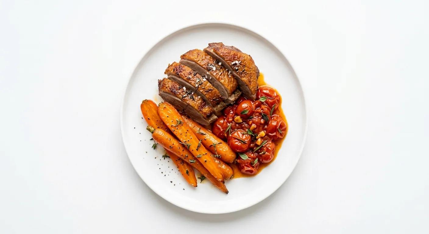 Roasted Duck with Honey-Glazed Carrots and Tomato Confit