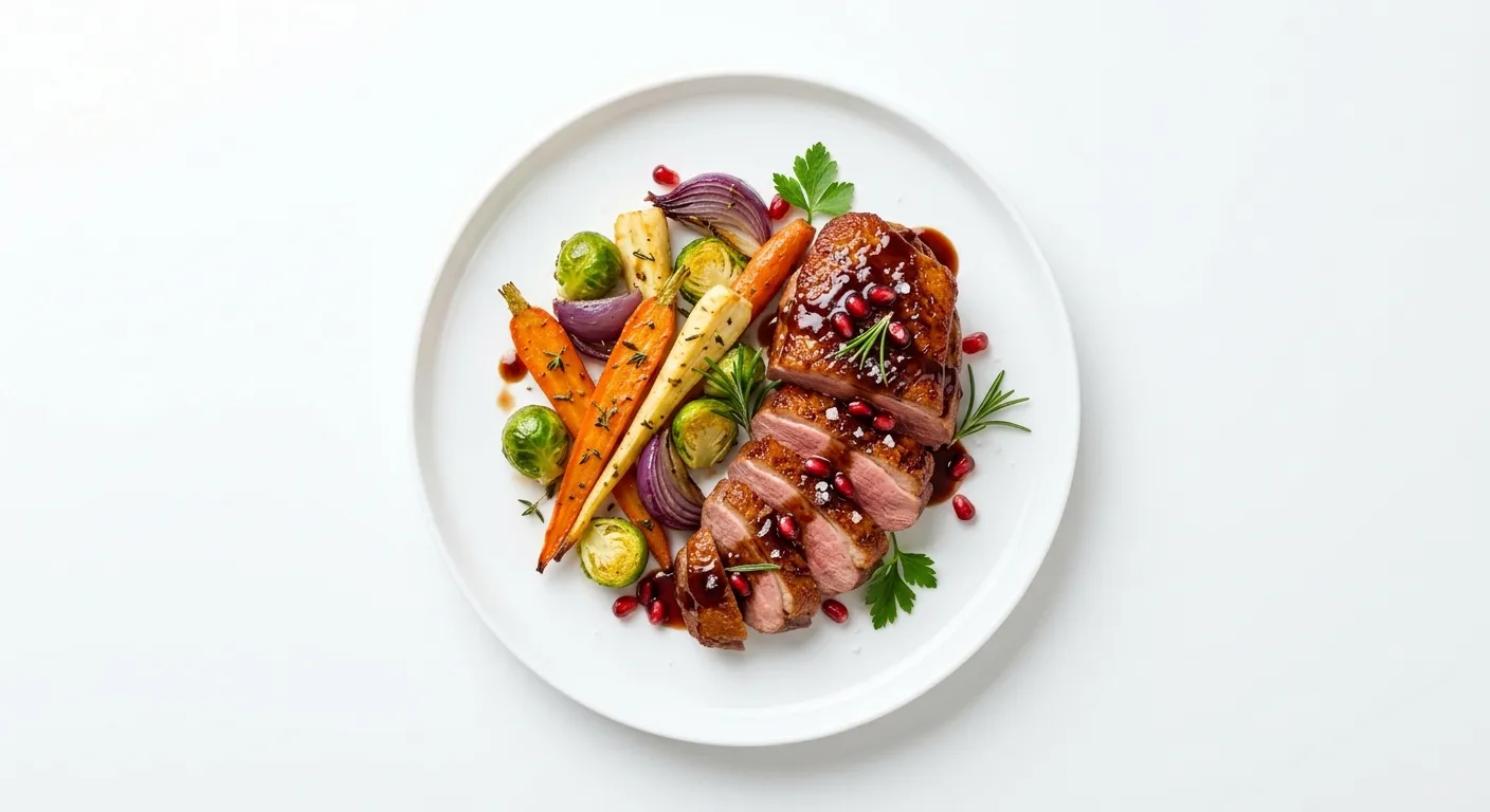 Roasted Duck with Pomegranate Glaze and Seasonal Vegetables