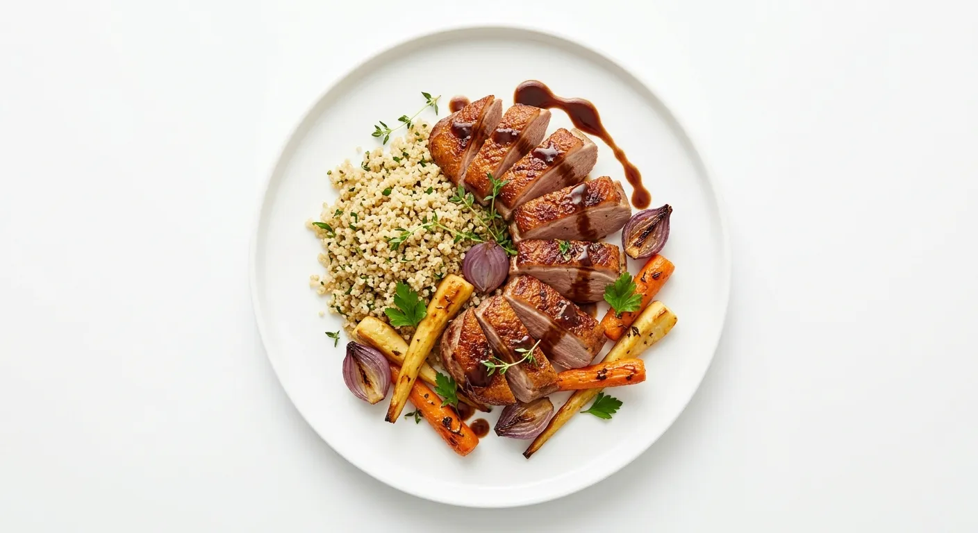 Roasted Duck with Autumn Vegetables and Quinoa
