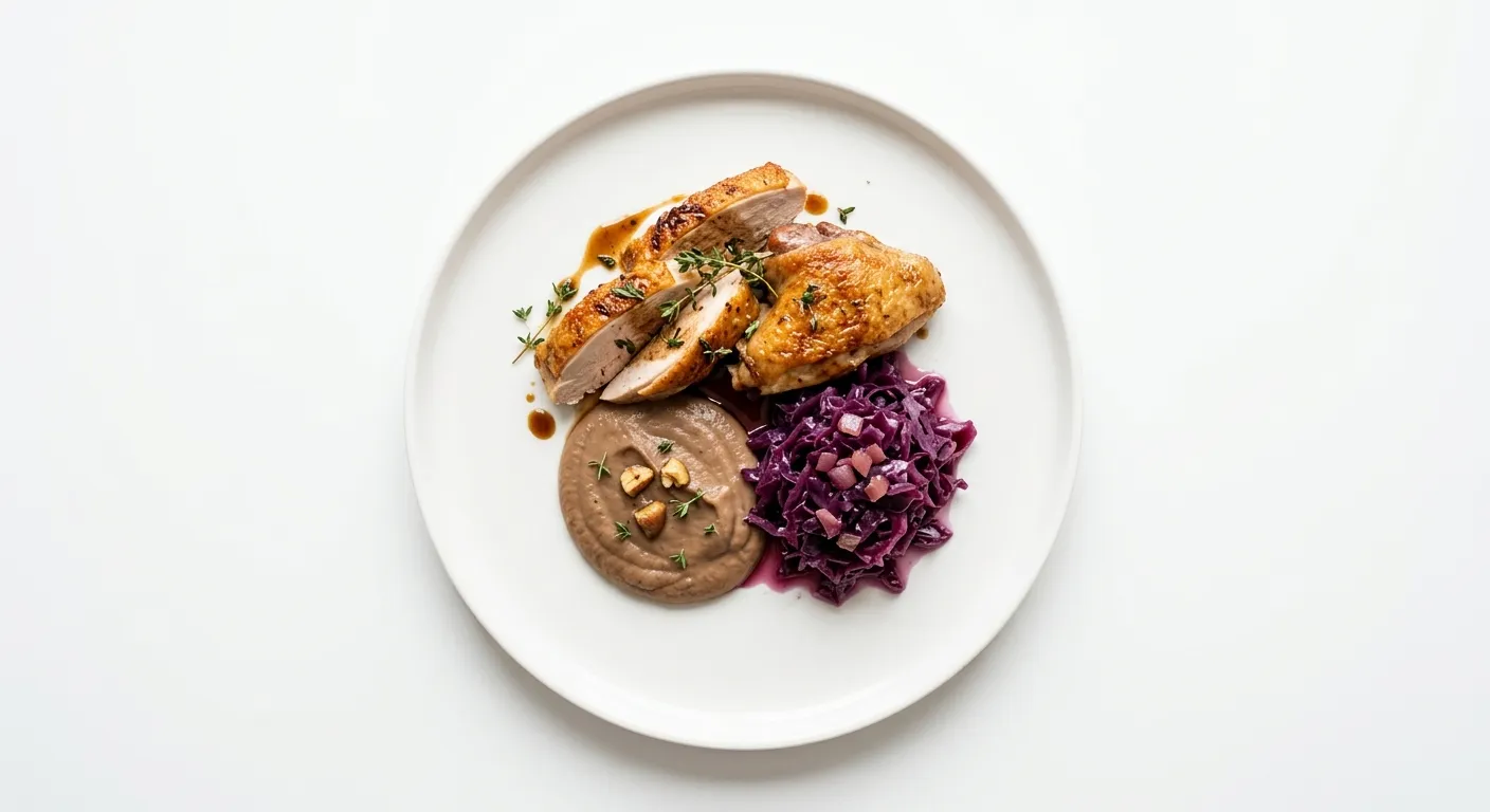 Roasted Pheasant with Chestnut Puree and Braised Red Cabbage