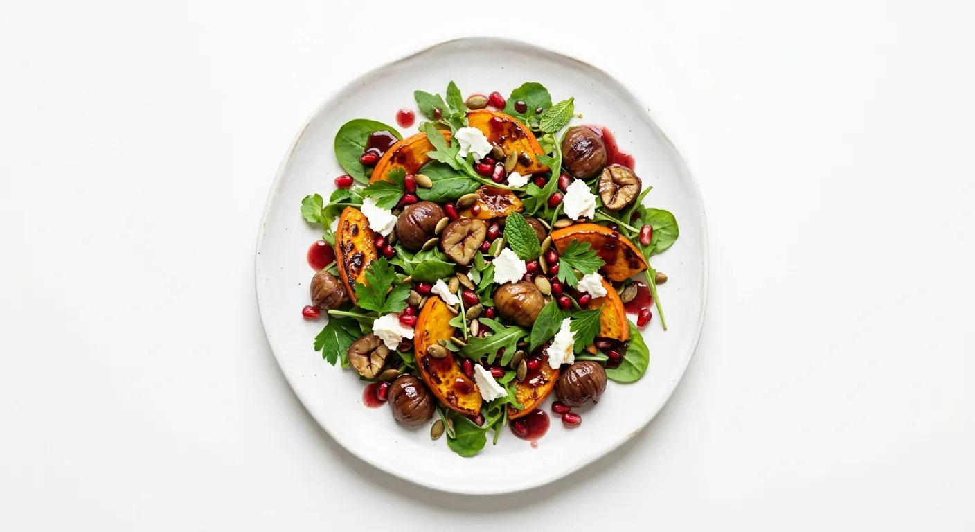 Roasted Pumpkin and Chestnut Salad with Pomegranate Vinaigrette