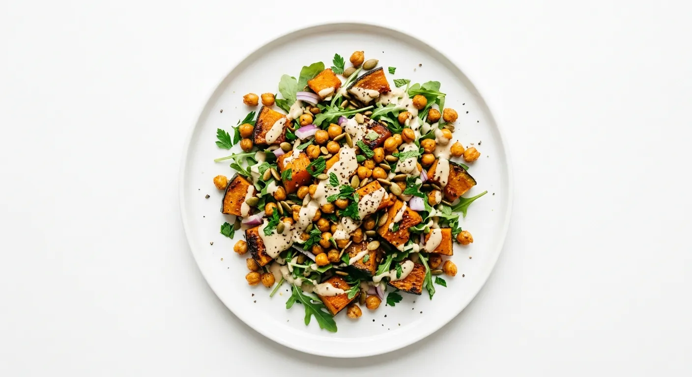 Roasted Pumpkin and Chickpea Salad with Tahini Dressing