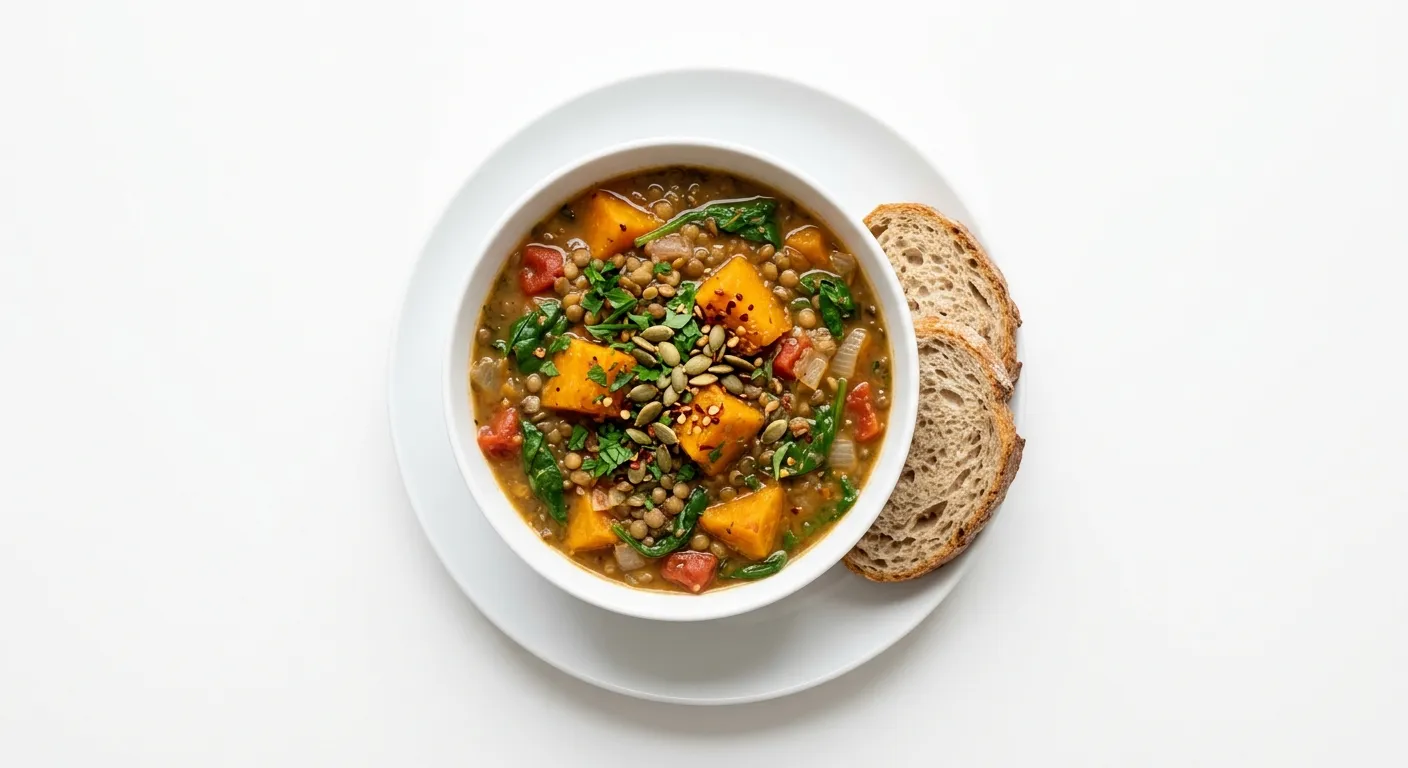 Roasted Pumpkin and Lentil Stew with Spinach