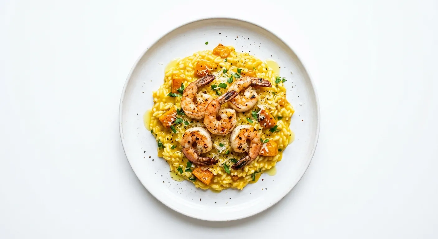 Roasted Pumpkin and Saffron Risotto with Grilled Prawns