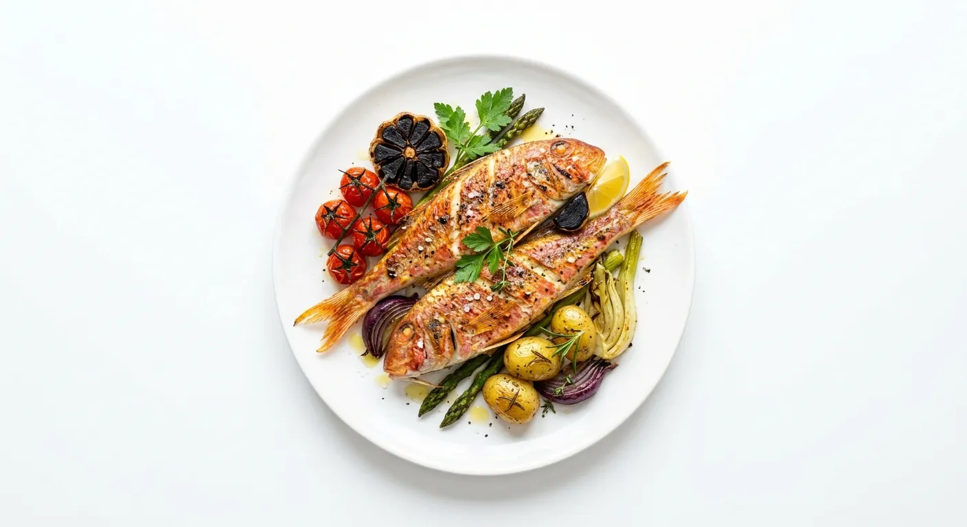 Roasted Red Mullet with Black Garlic and Autumn Vegetables