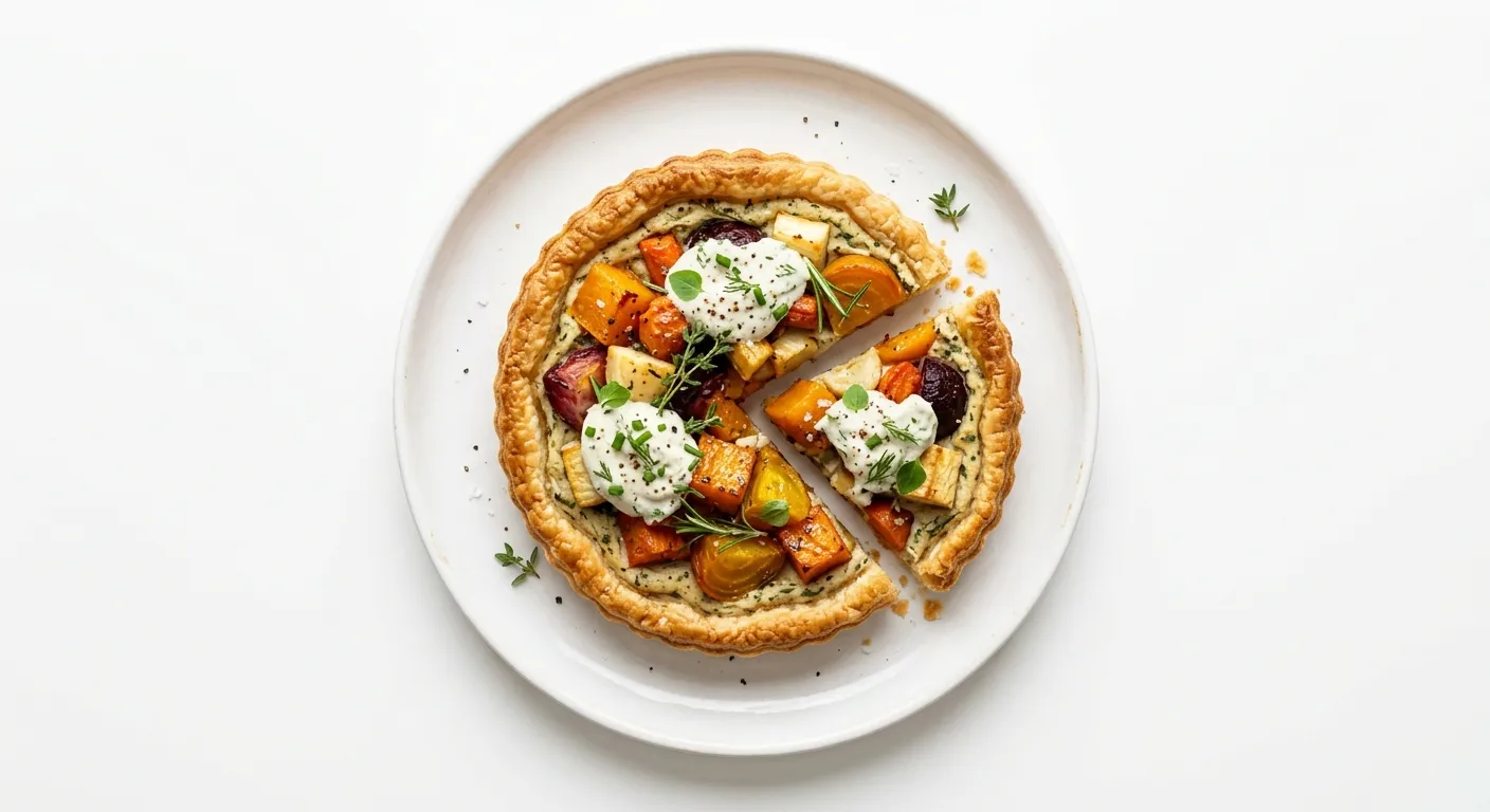 Roasted Winter Root Vegetable Tart with Herb Cashew Cream