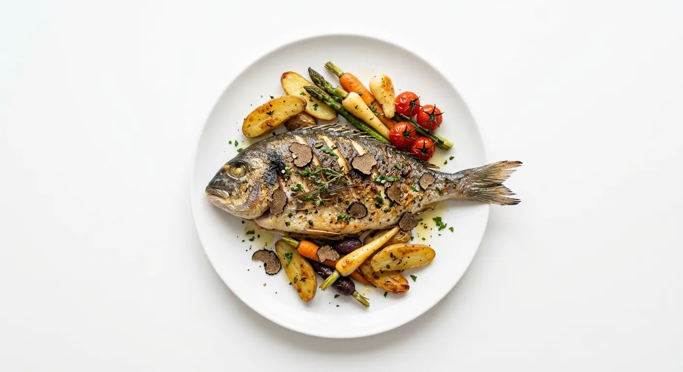 Roasted Sea Bream with Black Truffle and Autumn Vegetables