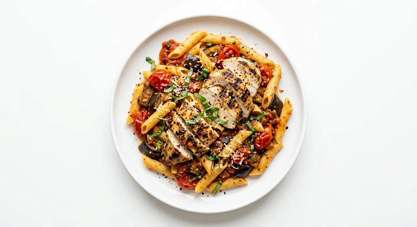 Roasted Tomato and Eggplant Pasta with Grilled Chicken