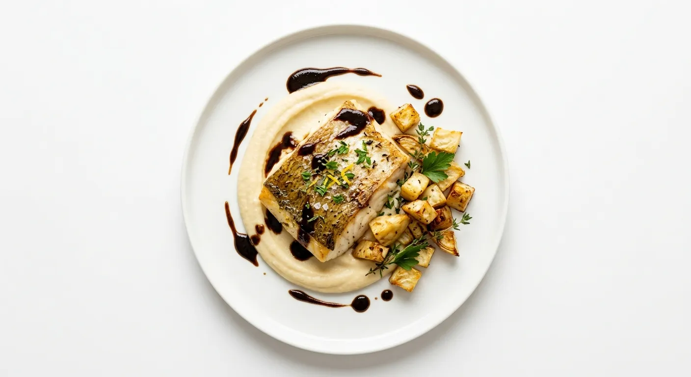 Roasted Turbot with Celeriac and Black Garlic Puree