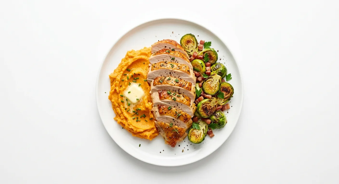 Roasted Turkey Breast with Brussels Sprouts and Sweet Potato Mash