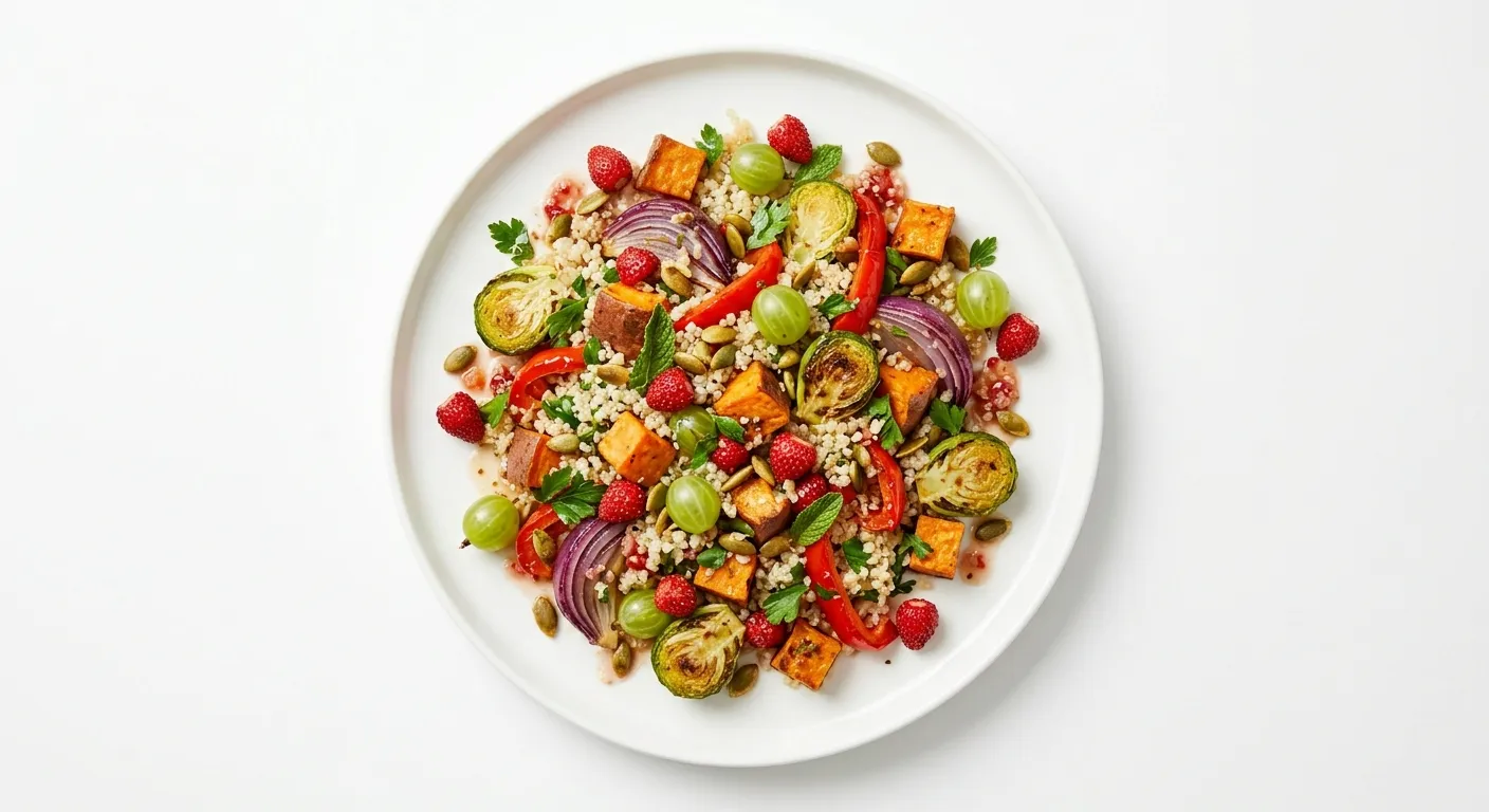 Roasted Vegetable and Quinoa Salad with Wild Strawberry and Gooseberry Vinaigrette