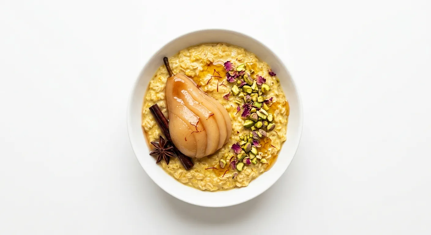 Saffron-Infused Oatmeal with Poached Pear and Pistachios