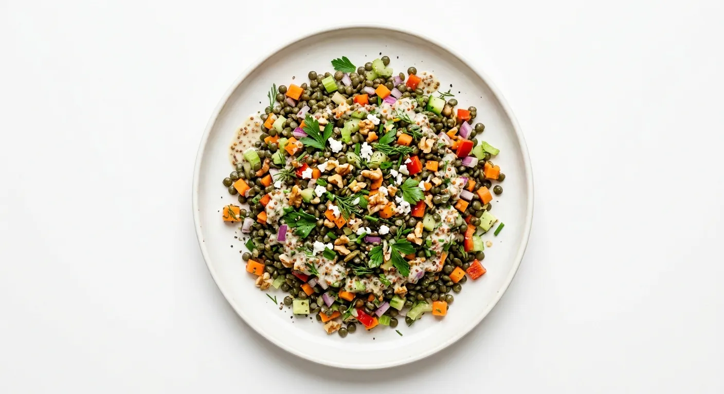 Salade de lentilles aux légumes et vinaigrette à la moutarde