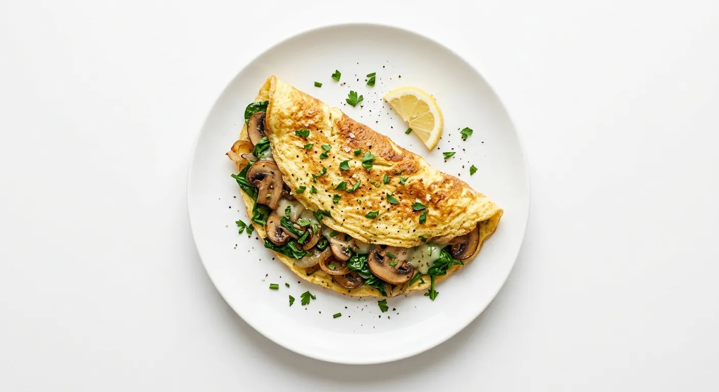 Autumn Breakfast Omelette with Sautéed Mushrooms and Spinach