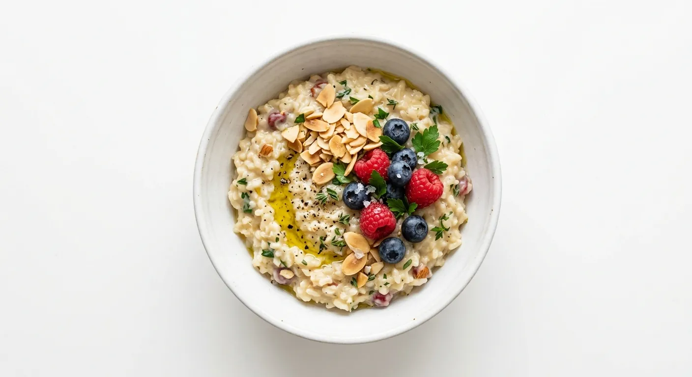 Savory Breakfast Rice Pudding with Almonds and Berries