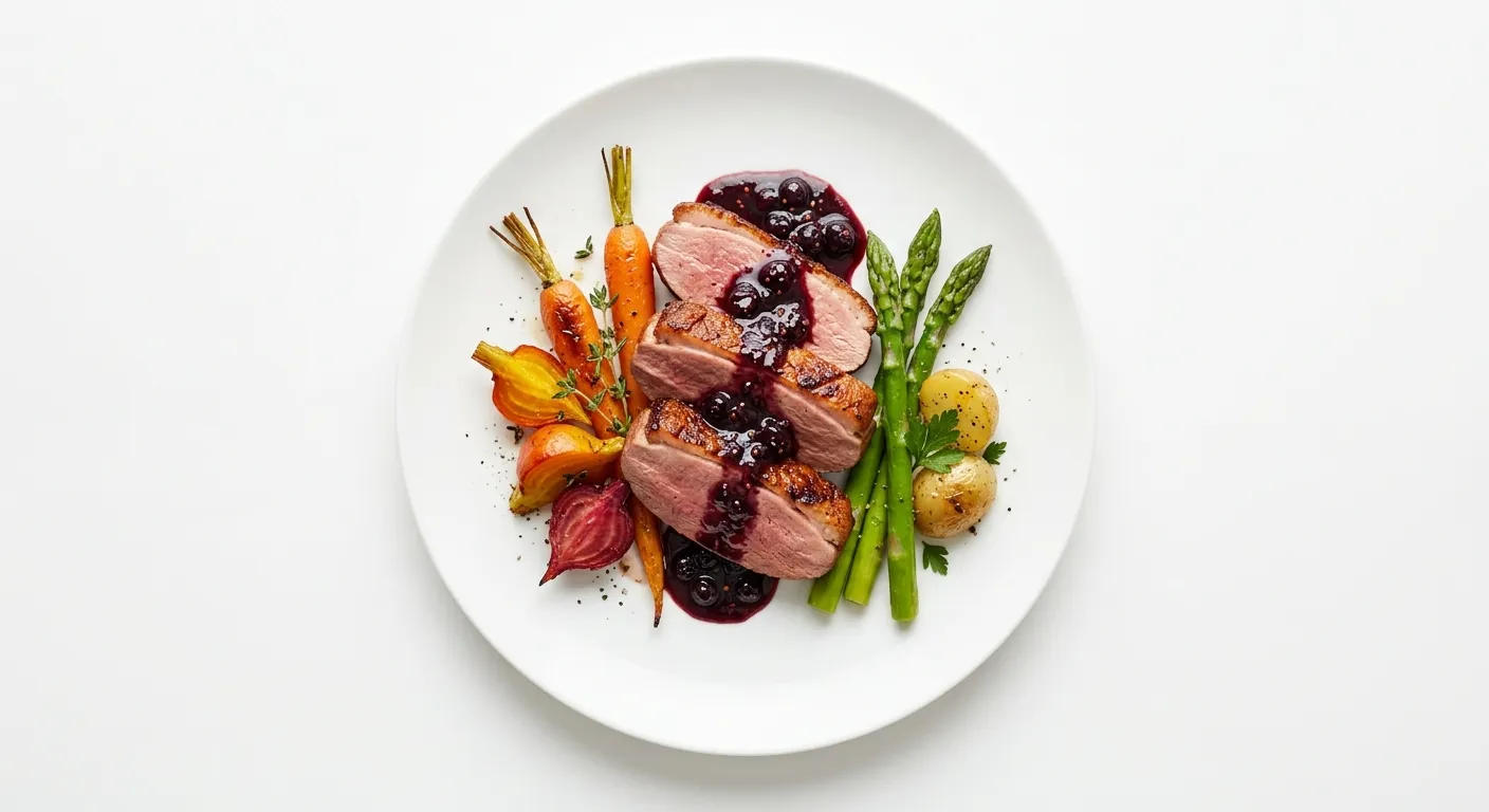 Seared Duck Breast with Blackcurrant Reduction and Seasonal Vegetables