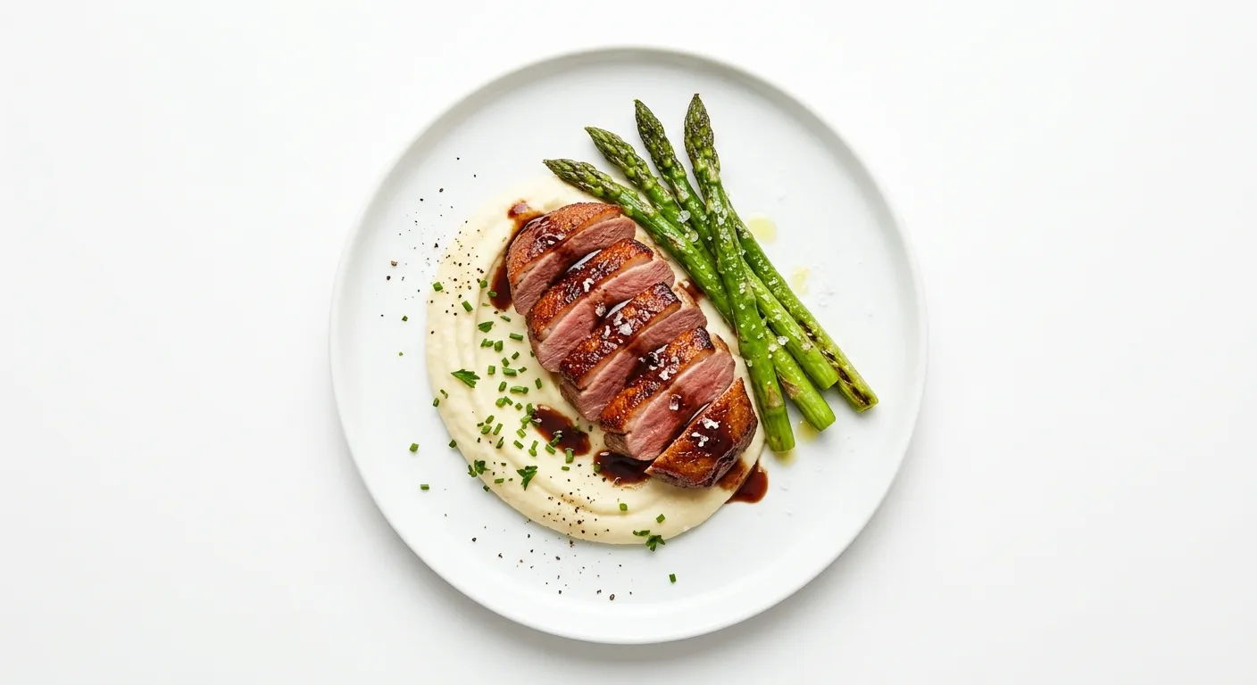 Seared Duck Breast with Cauliflower Purée and Asparagus