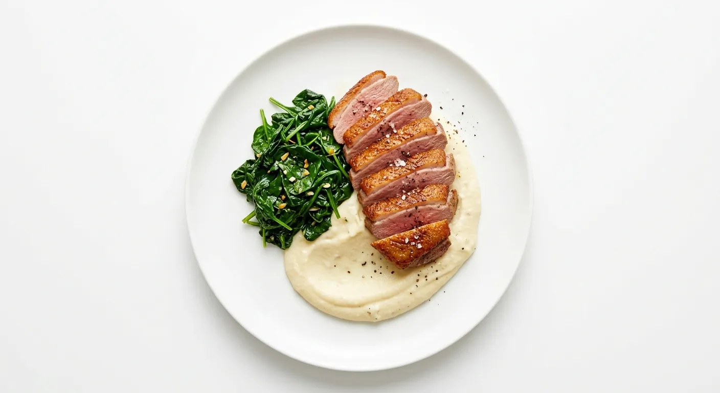 Seared Duck Breast with Cauliflower Purée and Sautéed Spinach