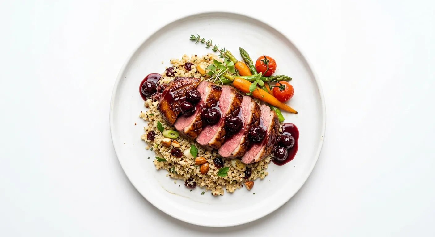 Seared Duck Breast with Cherry Gastrique and Quinoa Pilaf
