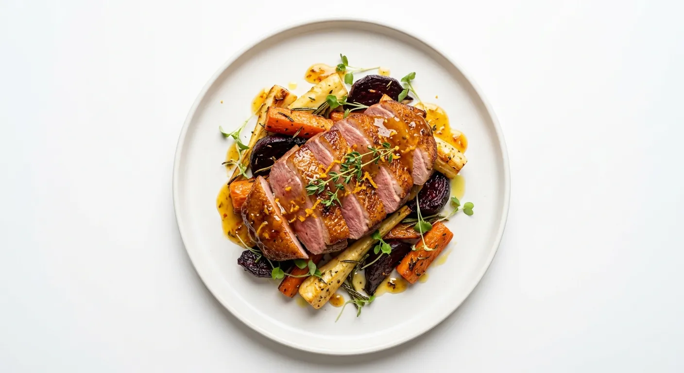 Seared Duck Breast with Orange Glaze and Roasted Root Vegetables