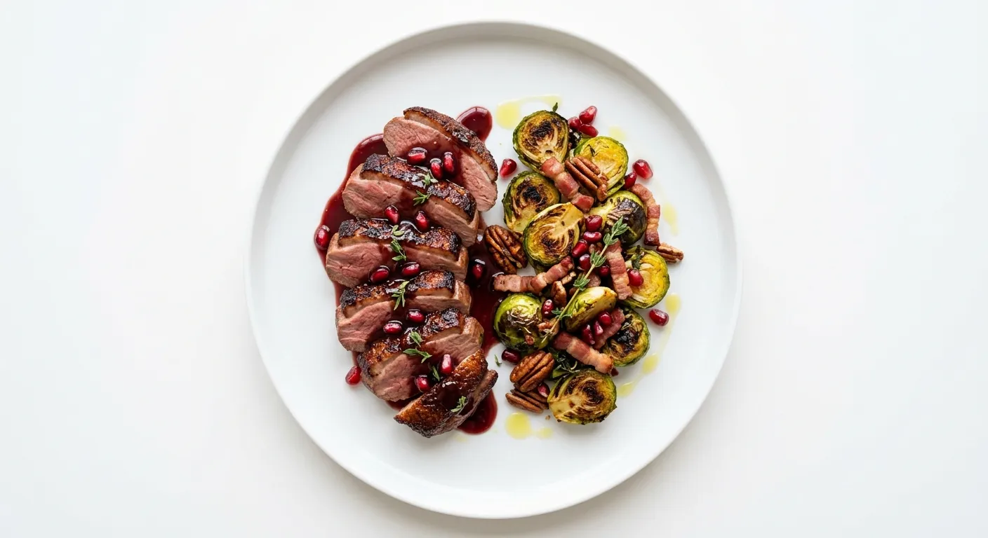 Seared Duck Breast with Pomegranate Glaze and Roasted Brussels Sprouts