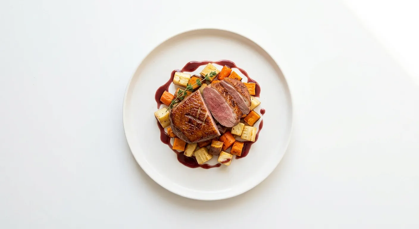 Seared Duck Breast with Red Wine Reduction and Root Vegetables