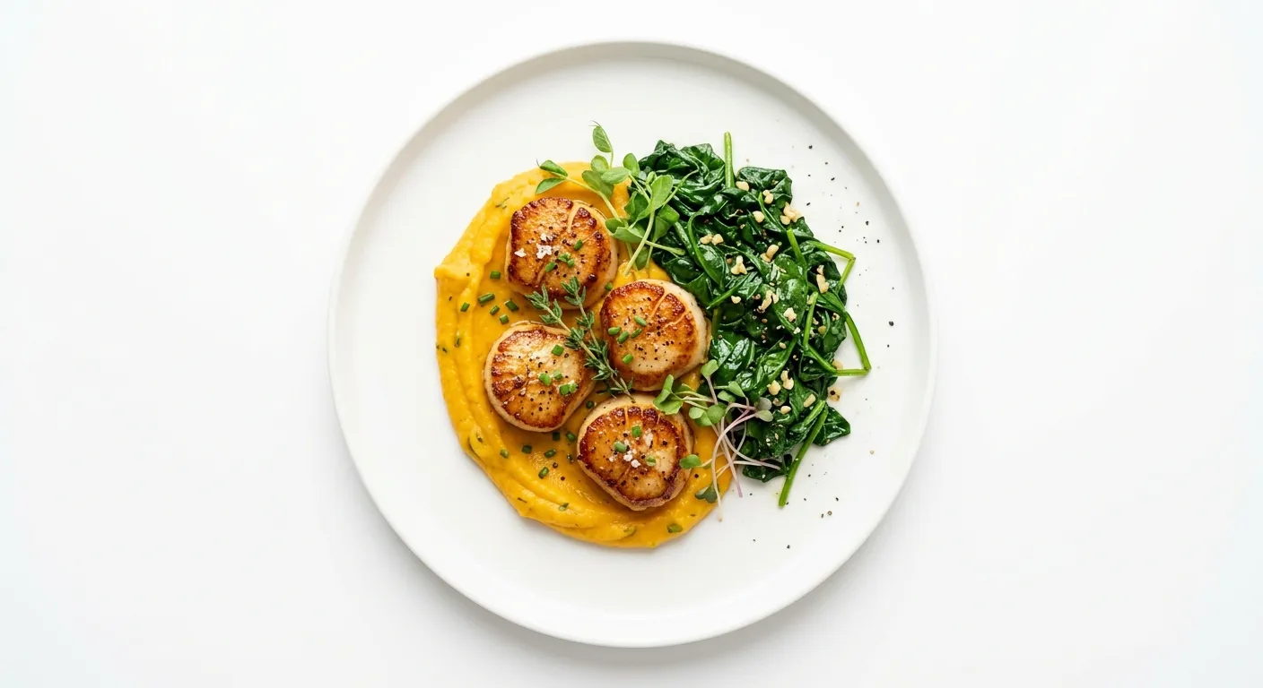 Seared Scallops with Butternut Squash Purée and Sautéed Spinach