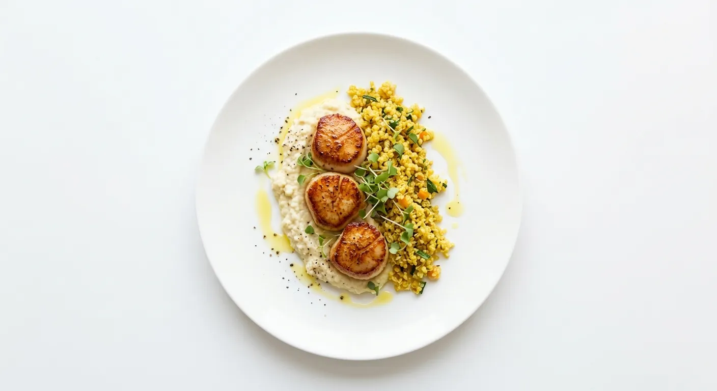 Seared Scallops with Cauliflower Purée and Saffron-Infused Quinoa