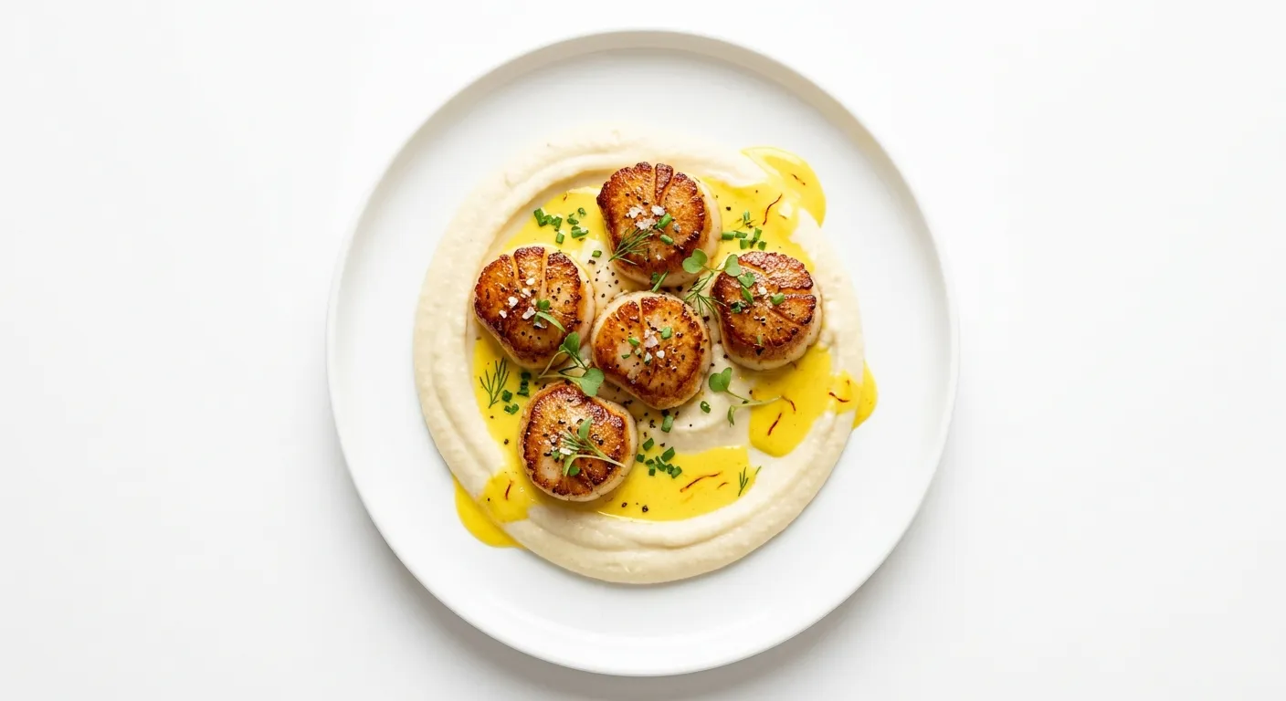 Seared Scallops with Cauliflower Purée and Saffron-Infused Sauce