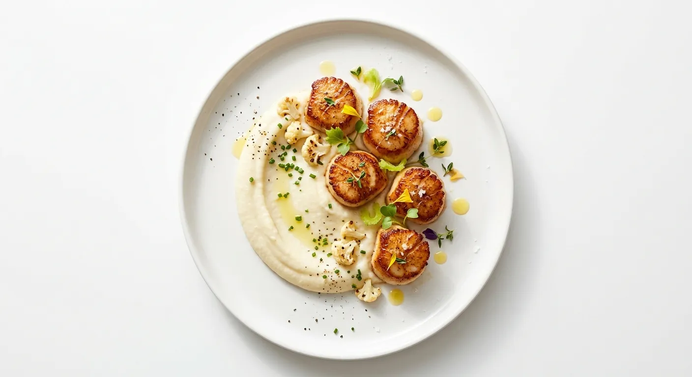 Seared Scallops with Cauliflower Purée and Truffle Oil