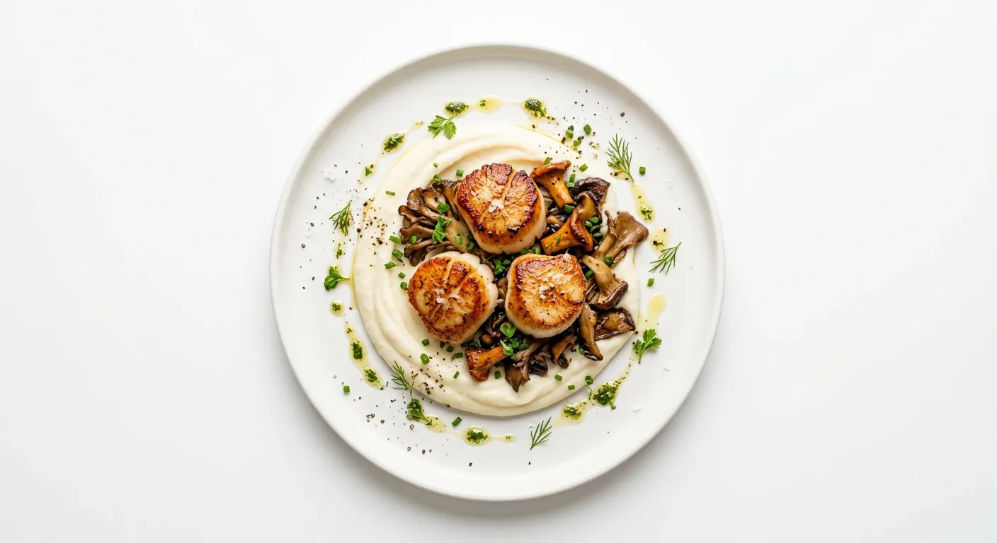 Seared Scallops with Celeriac Puree and Sautéed Wild Mushrooms