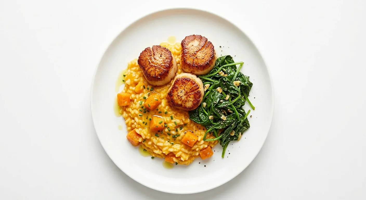 Seared Scallops with Pumpkin Risotto and Sautéed Spinach