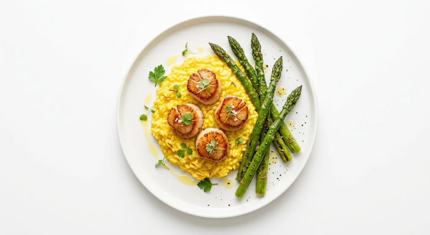 Seared Scallops with Saffron Risotto and Asparagus