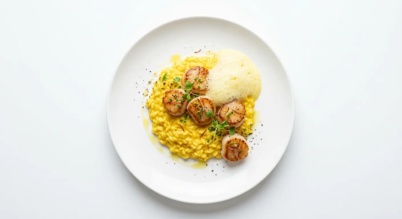 Seared Scallops with Saffron Risotto and Citrus Foam