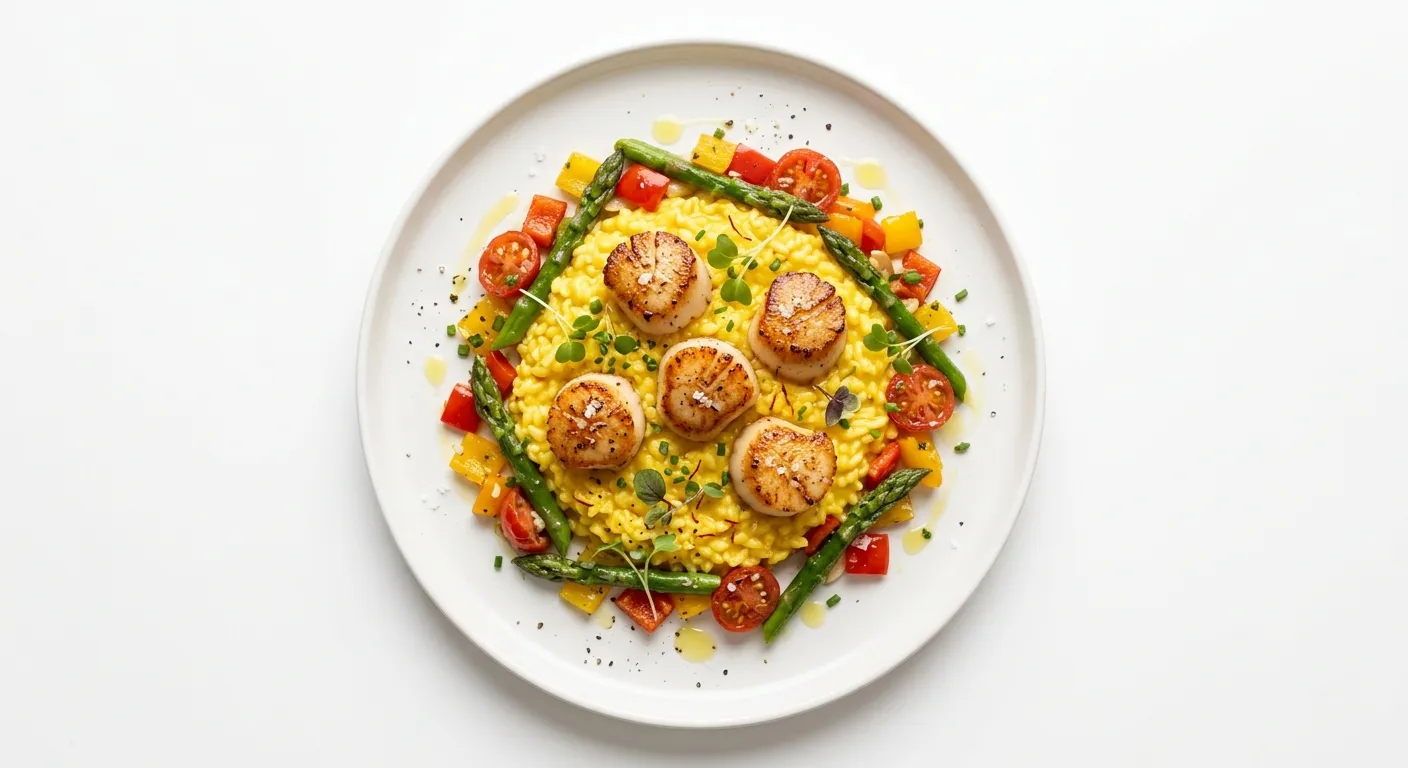 Seared Scallops with Saffron Risotto and Autumn Vegetables