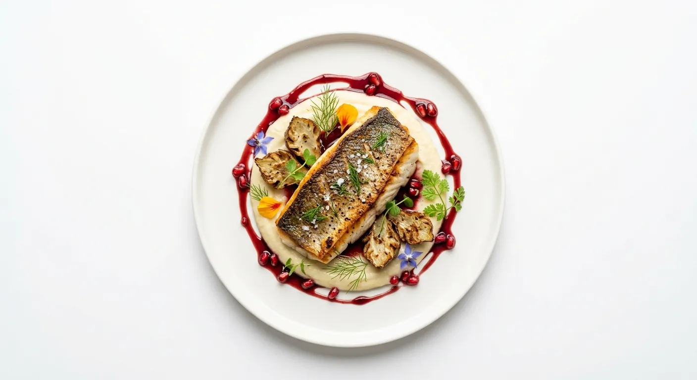Seared Sea Bass with Jerusalem Artichoke Puree and Pomegranate Reduction