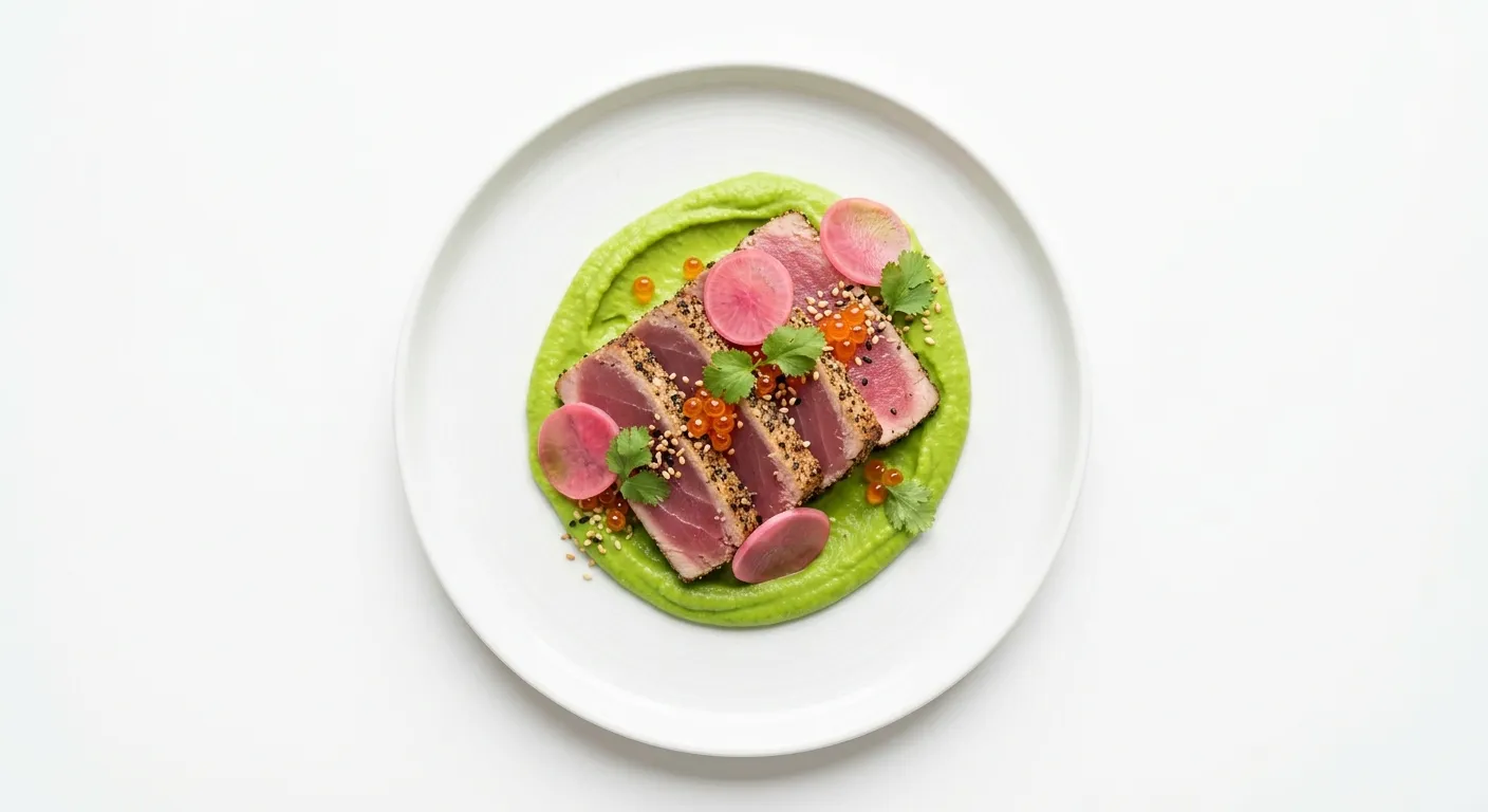 Seared Tuna with Wasabi Pea Purée and Pickled Radish
