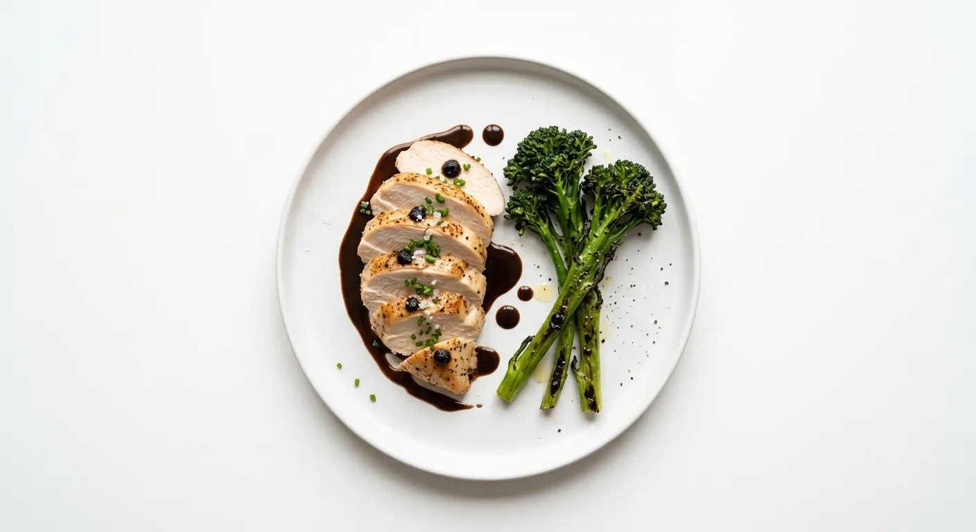 Sous-Vide Chicken Breast with Black Garlic Emulsion and Charred Broccolini