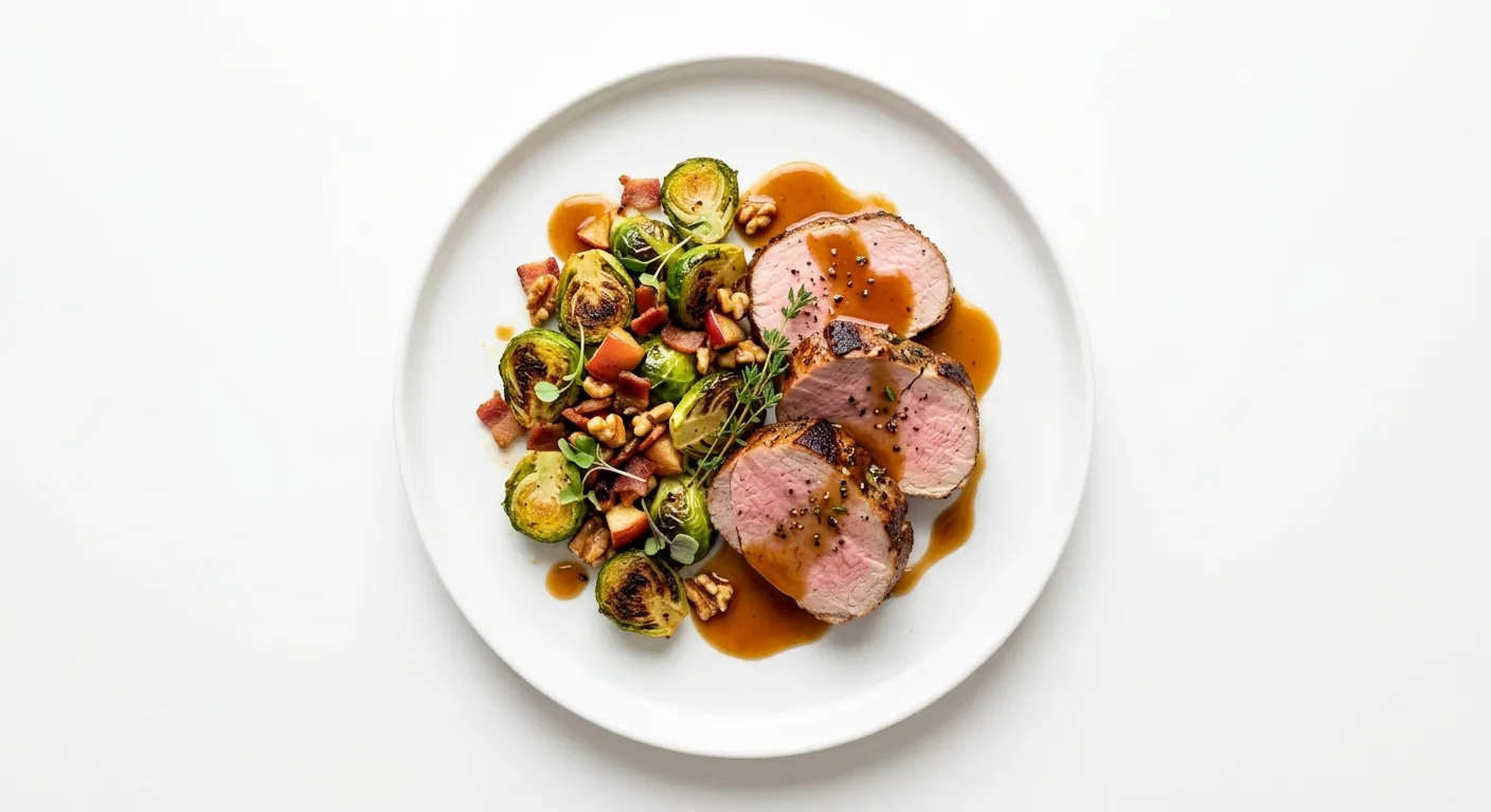 Sous Vide Pork Tenderloin with Apple Cider Reduction and Roasted Brussels Sprouts
