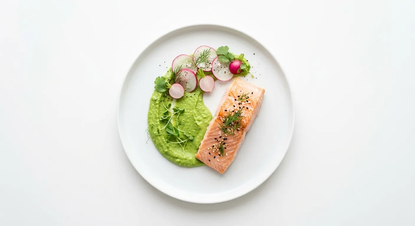 Sous Vide Salmon with Wasabi Pea Purée and Pickled Radish