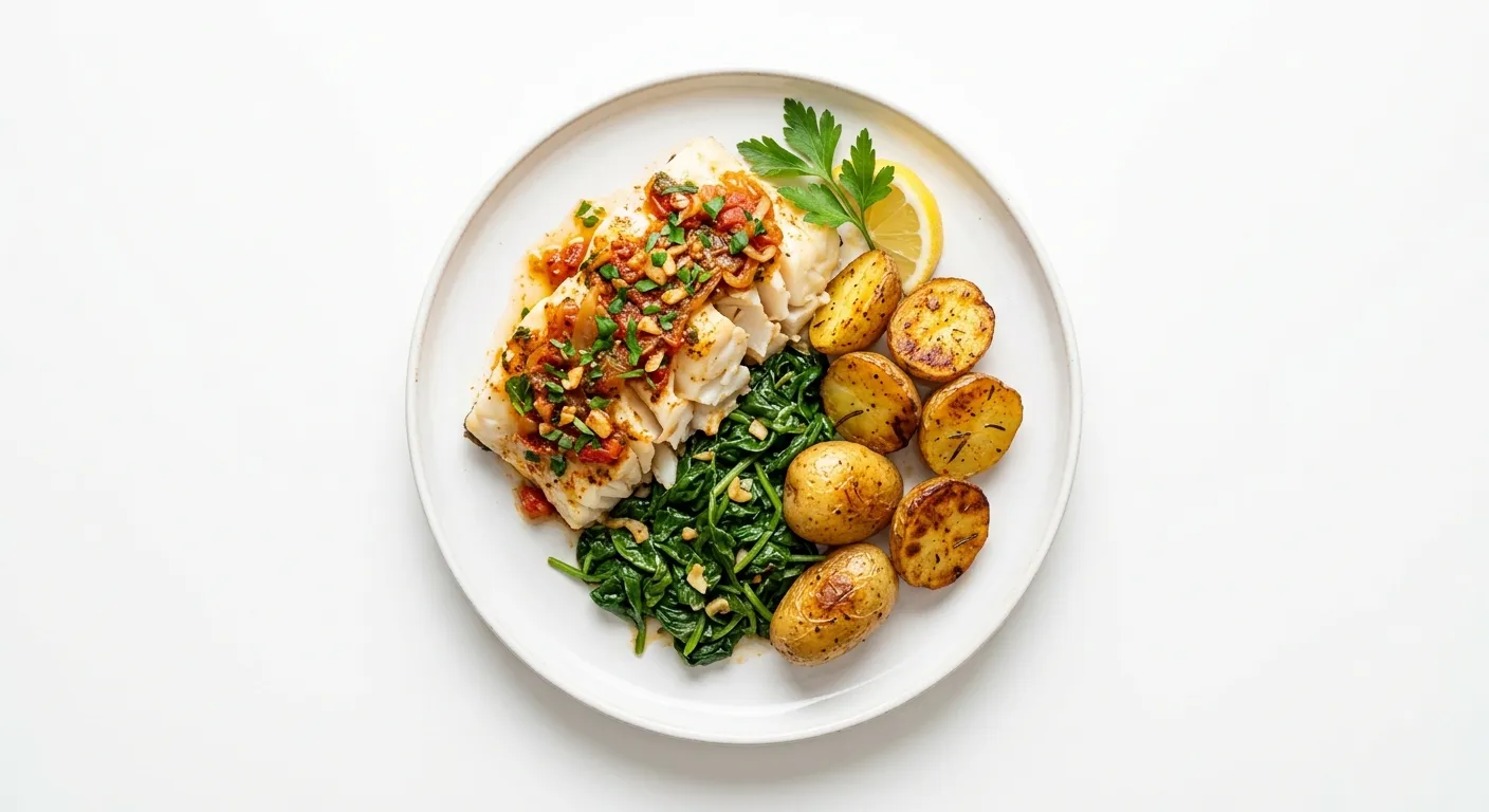 Spanish Baked Cod with Sautéed Spinach and Potatoes