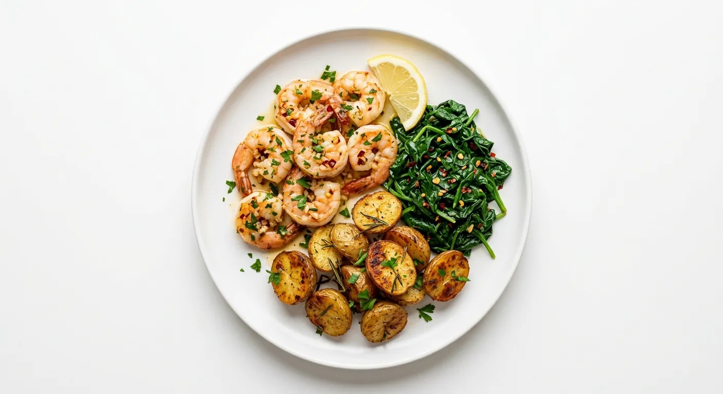 Spanish Garlic Shrimp with Roasted Potatoes and Sautéed Spinach