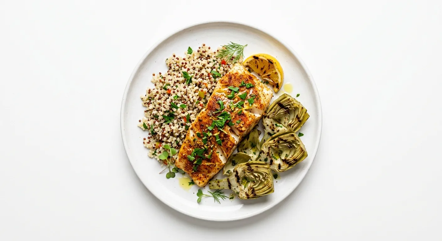 Exotic Spiced Baked Cod with Quinoa and Grilled Artichokes