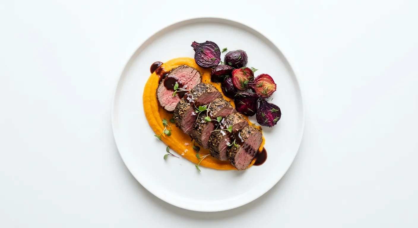 Exotic Spiced Beef Tenderloin with Roasted Beetroot and Carrot Purée