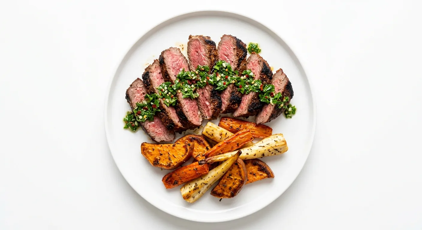 Exotic Spiced Bison Steak with Chimichurri and Roasted Vegetables
