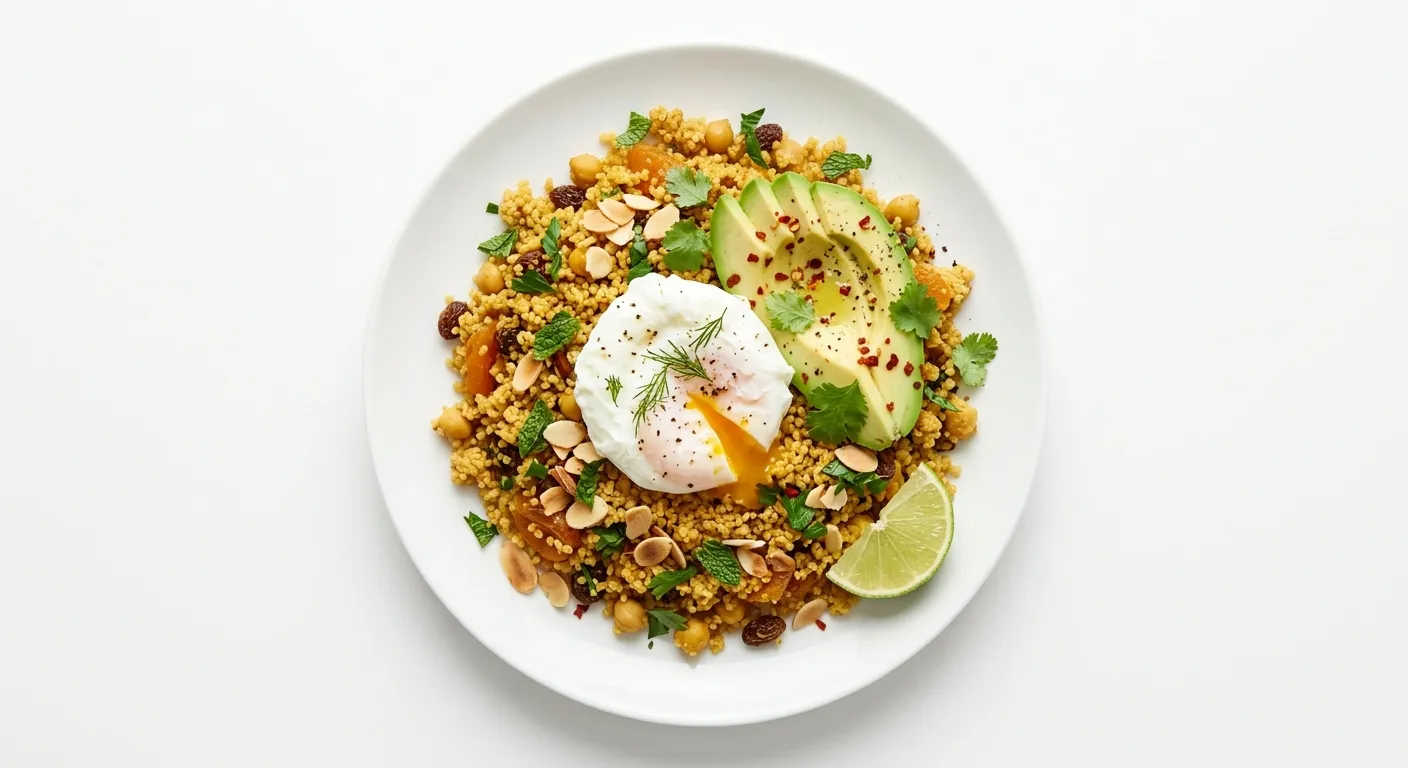 Exotic Spiced Breakfast Couscous with Poached Egg and Avocado